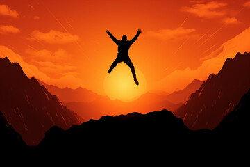 Symbolic Soar: Person Jumping Between Mountains in Front of an Orange Sunset