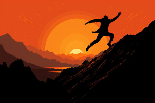 Leap of Triumph: Black Silhouettes Jumping Over Abyss at Orange Sunset