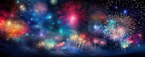 Celebration with fireworks on the dark sky. Generative AI - obrazy, fototapety, plakaty