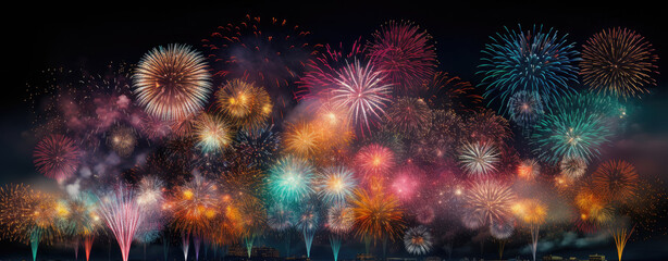 Fototapeta premium Celebration with fireworks on the dark sky. Generative AI