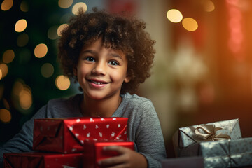 Fototapeta na wymiar Magical Christmas Glow: Smiling Boy Surrounded by Gifts and Tree Bokeh