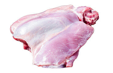 Raw Turkey boneless and skinless thigh fillet. Farm eco meat. Transparent background. Isolated.