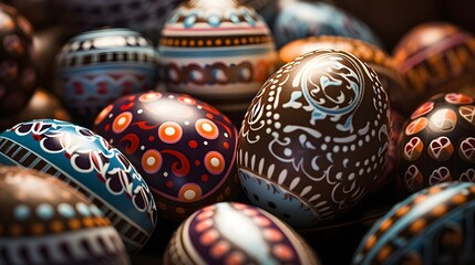 Explore the whimsical side of Easter eggs by capturing close-up shots of eggs adorned with playful patterns, background image, generative AI