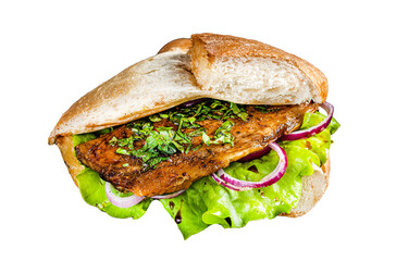 Turkish fish sandwich with grilled mackerel fillet Balik Ekmek. Transparent background. Isolated.
