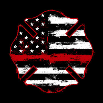 Illustration of American Firefighter Flag on Shield with Distressed Effect