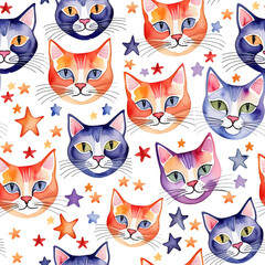 Seamless pattern. Watercolor style. Cat heads. Seamless background for the design of paper packaging, wrappers, cards, wallpaper and other printed products on fabric and paper.