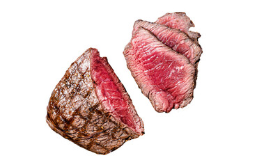 Grilled Rump sirloin steak sliced on a tray with herbs.  Transparent background. Isolated