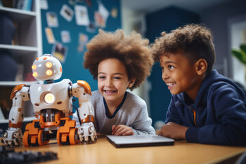 Multiethnic group of students studying in school classroom. Kids learning technology basic. Robotic lesson for children. Educational concept for multi racial children - obrazy, fototapety, plakaty