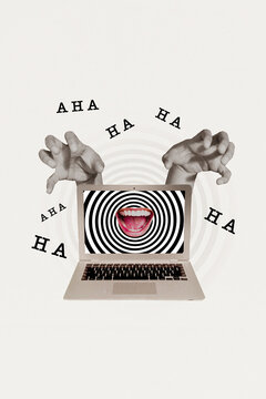 Creative poster collage of netbook cyber bullying laughing mouth hands catch offensive weird freak bizarre unusual fantasy billboard