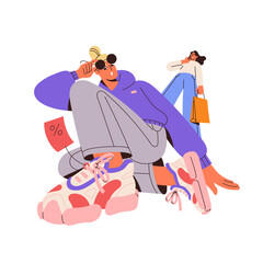 Abstract sales concept. Woman shopping in retail sneaker store. Customer buys boots with percent sign. Consumer make purchases on Black Friday discounts. Flat isolated vector illustration on white