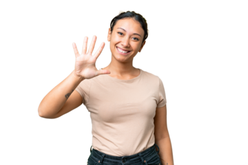 Young Uruguayan woman over isolated chroma key background counting five with fingers