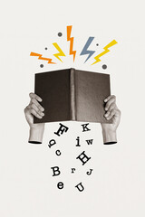 Image collage sketch of diligent student hold book read story novel education knowledge concept