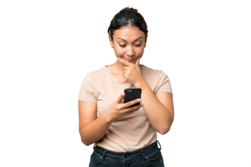Young Uruguayan woman over isolated chroma key background thinking and sending a message
