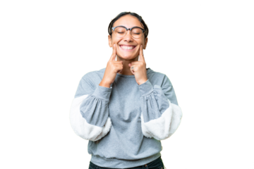 Young Uruguayan woman over isolated chroma key background smiling with a happy and pleasant expression