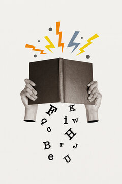 Image collage sketch of diligent student hold book read story novel education knowledge concept