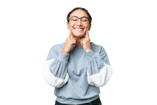 Young Uruguayan woman over isolated chroma key background smiling with a happy and pleasant expression