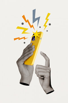 Vertical collage 3d image of an addicted user hold modern device gadget isolated on drawing background
