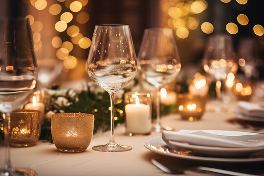 Elegant christmas dinner setting. Seasonal holiday dining background. Generative AI