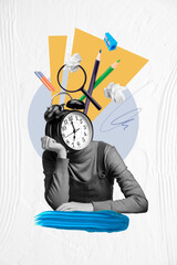 Vertical creative surreal photo collage young student pupil school girl headless bored think of...