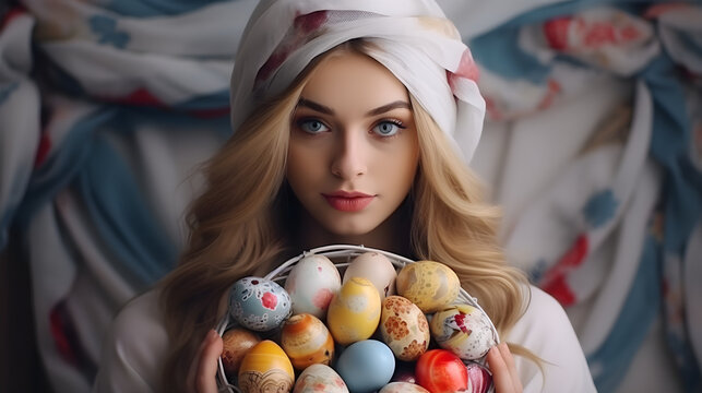 A girl in a headscarf with painted eggs. Easter