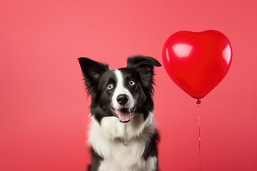 Portrait of a Border Collie with a red balloon with heart shape. Romantic appointment. Generative AI
