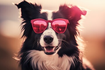 Portrait of a border collie wearing colored sunglases on red background. Generative AI