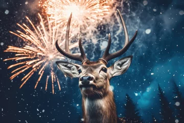  Portrait deer celebrating Christmas night. Generative AI © Gelpi