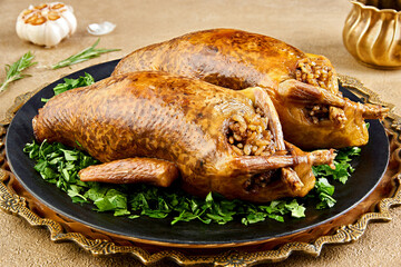 Fried stuffed pigeons closeup