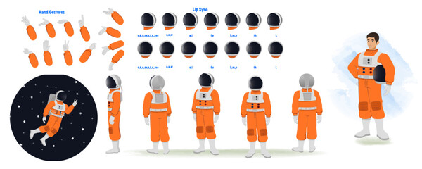  An astronaut model sheet. Space character creation set. Male astronaut turnaround sheet, hand gestures, lip sync © characterbazaar