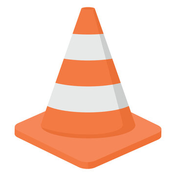 Orange plastic striped traffic cone icon. Vector illustration.