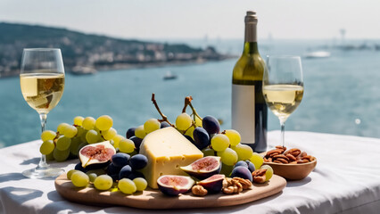 Delizie Marine- Piatto di Formaggi con Frutta, Noci e Vino Bianco su Tavolo con Vista sul Mare