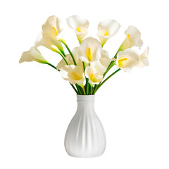 Bouquet of flowers in a white vase, Zantedeschia calla aethiopica blanc. Isolated on transparent background, png.