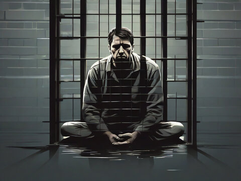A man sitting inside a cage with a sad face thinking about his life and the wrongdoings
