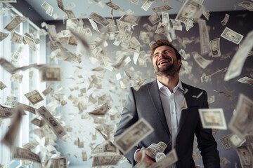 Playful Prosperity: Smiling Man Tossing Banknotes with Laughter