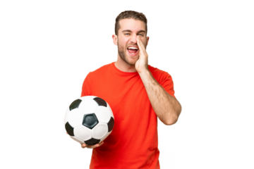 Handsome young football player man over isolated chroma key background shouting with mouth wide open