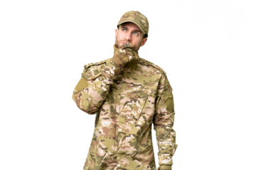 Military man over isolated chroma key background having doubts and with confuse face expression