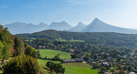 Panorama of the Alps from the castle of Menthon Saint Bernard, in Haute Savoie, France - 691413100