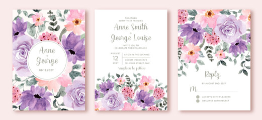 wedding invitation with purple pink watercolor floral