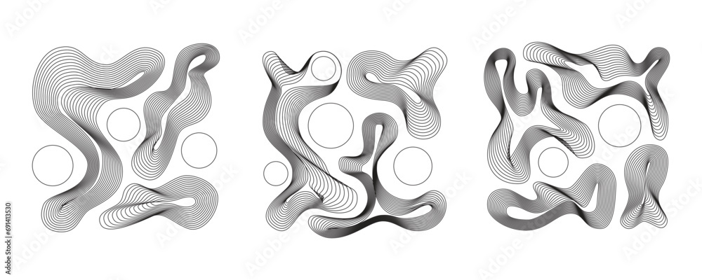 Poster Vector minimal geometric illustrations set, futuristic digital trendy abstract aesthetic linear compositions, prints, frames and graphic design elements, y2k and brutalist style