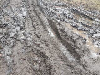 Texture of tracks from a bulldozer on the dirt. Tread on mud.