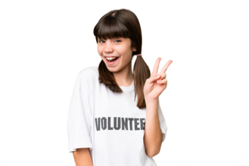 Little volunteer girl over isolated background smiling and showing victory sign