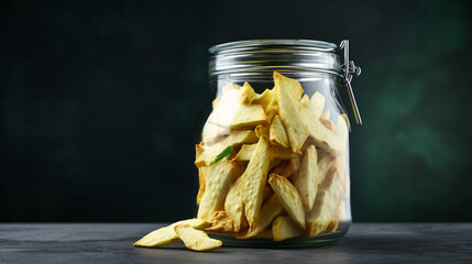 Organic soursop chips storage in glass jar