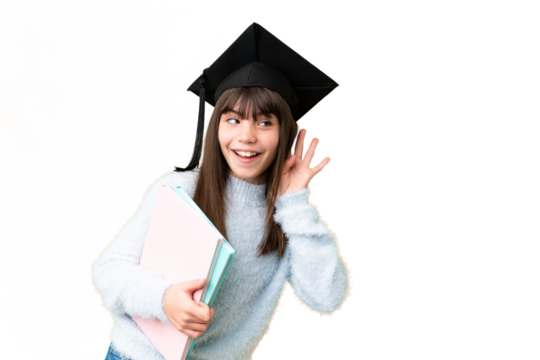 Little caucasian student girl over isolated background listening to something by putting hand on the ear