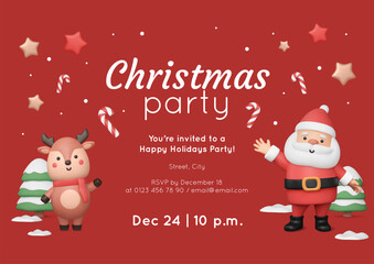 Christmas party invitation with cute 3D baby deer and Santa Claus waving his hand. Winter vector illustration, snowy trees, stars and candy cane render. New Year banner template with plastic character