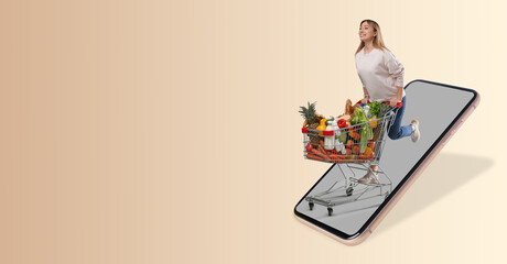 Online purchases. Woman with shopping cart full of different products running out from smartphone on beige background. Banner design with space for text