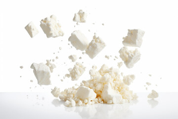 A closeup of crumbled feta cheese, highlighting its natural and fresh Mediterranean appeal.