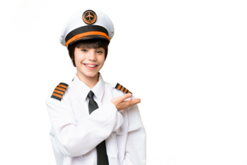 Little girl as a Airplane pilot over isolated chroma key background presenting an idea while looking smiling towards