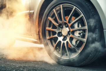 Closeup of a high-performance car's shiny alloy wheel emitting smoke as it burns rubber during a...