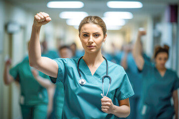 A group of nurses and doctors marching in hospital, expressing dissatisfaction with salary issues and advocating for better healthcare. - obrazy, fototapety, plakaty