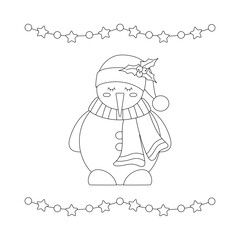 Set of Christmas snowman in a scarf and red hat, frame with garland.